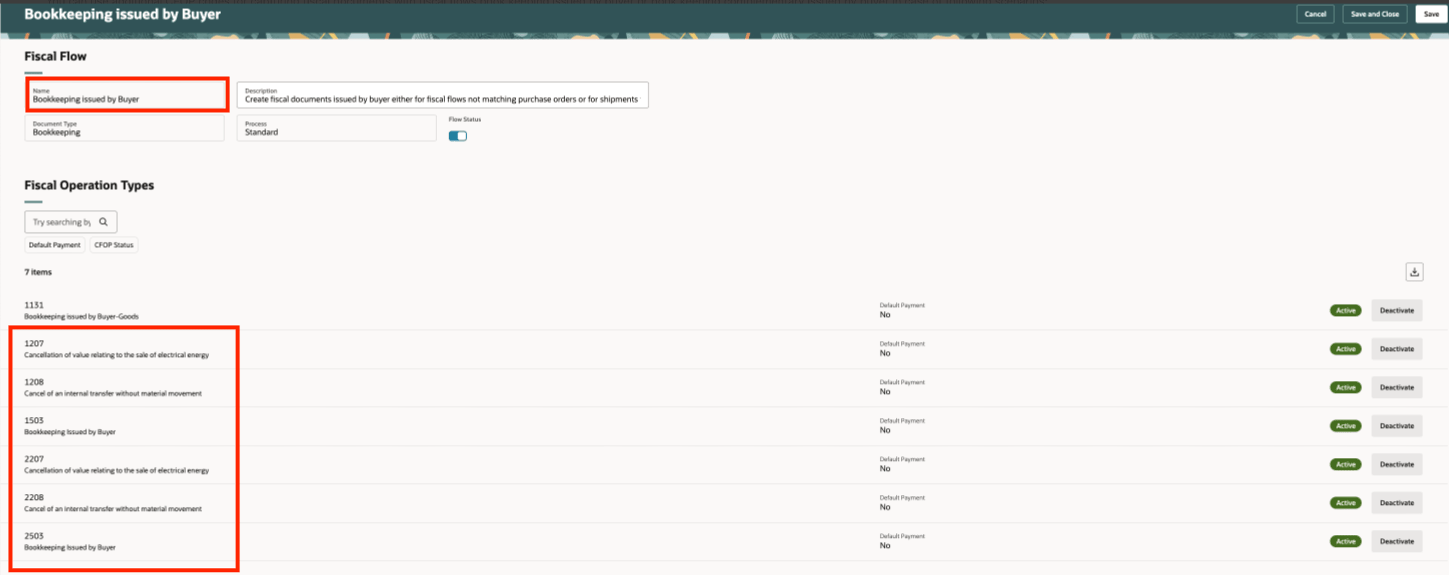 Figure 1: New CFOP available for fiscal flow as active.