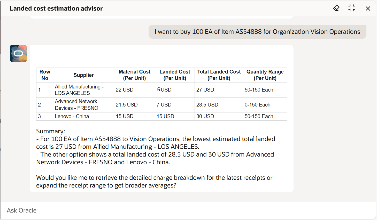 Estimated landed cost and total cost breakdown by supplier