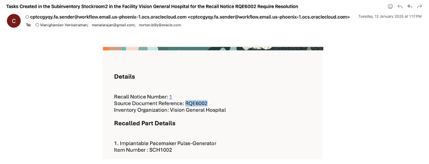 Email notification of recall task assignment