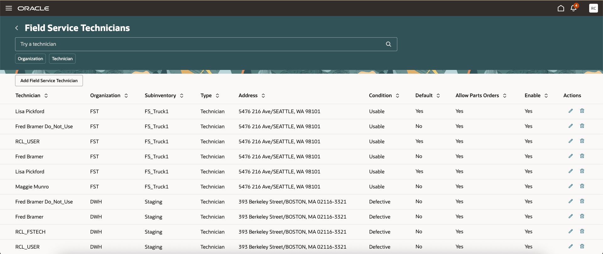 Search List: Field Service Technician in Redwood UI