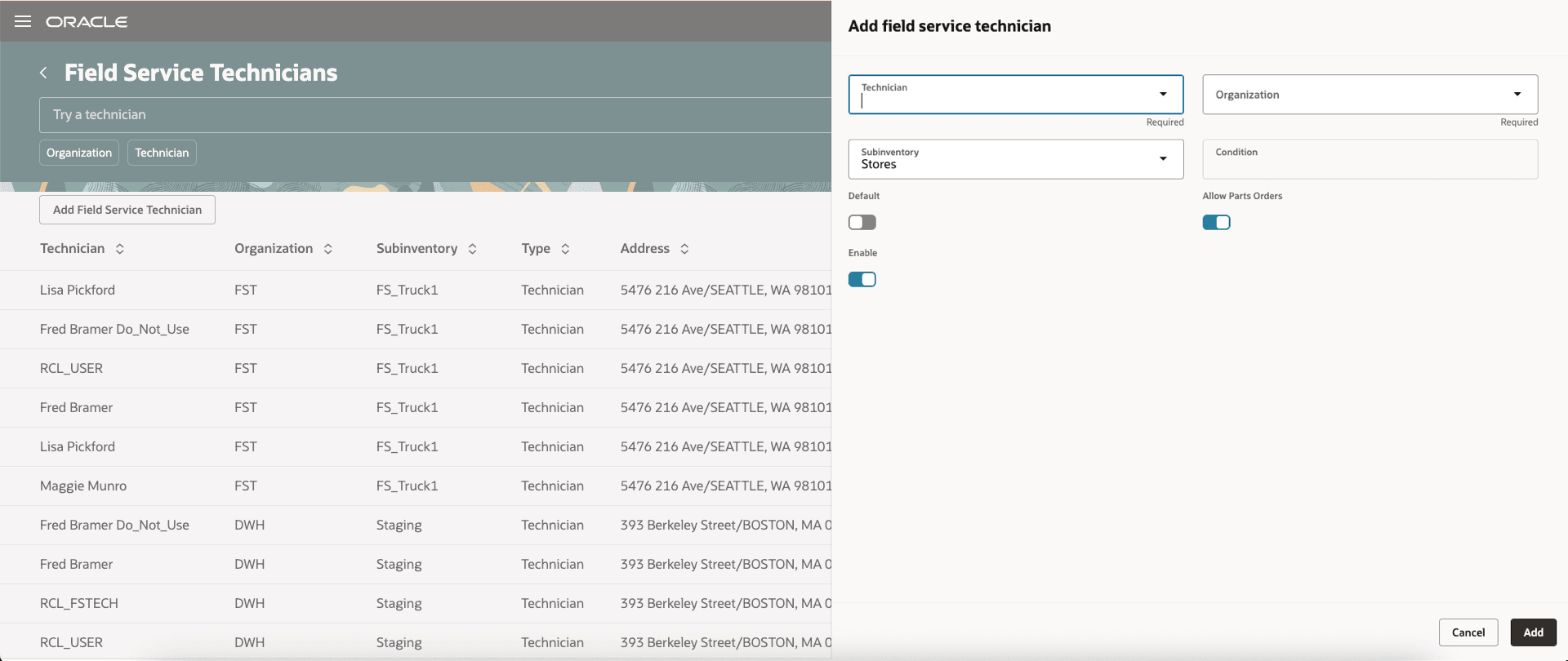 Add or Edit: Field Service Technician in Redwood UI