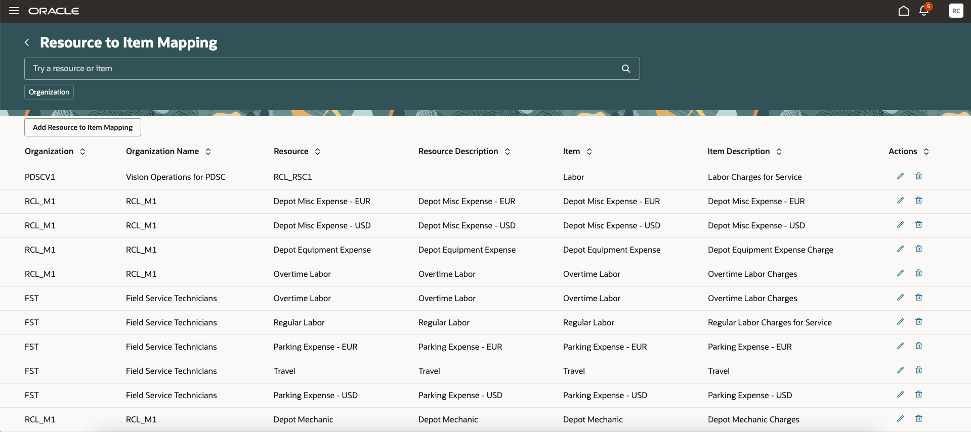 Search List: Resource to Item Mapping Redwood UI