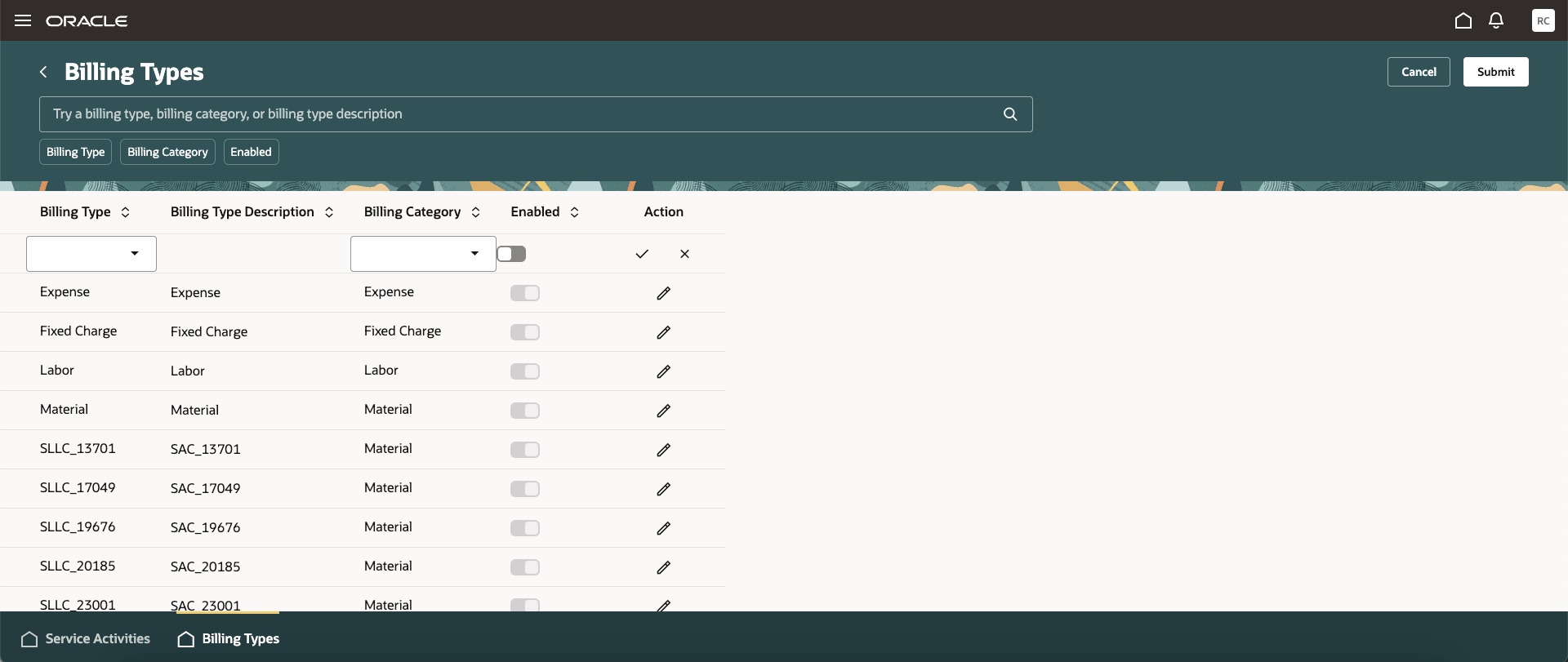 Search, Add, Edit: Billing Types Redwood UI