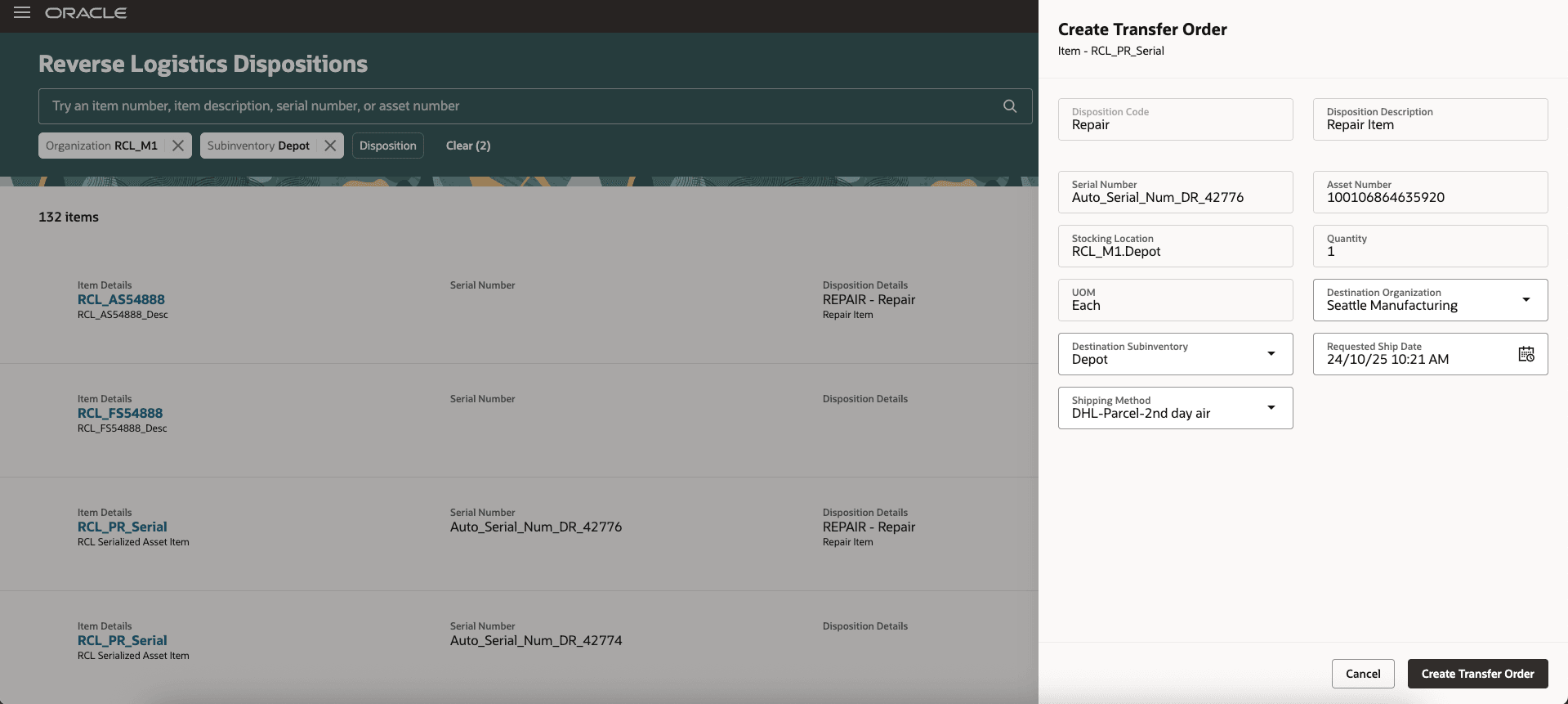 Reverse Logistics Dispositions: Create Transfer Order