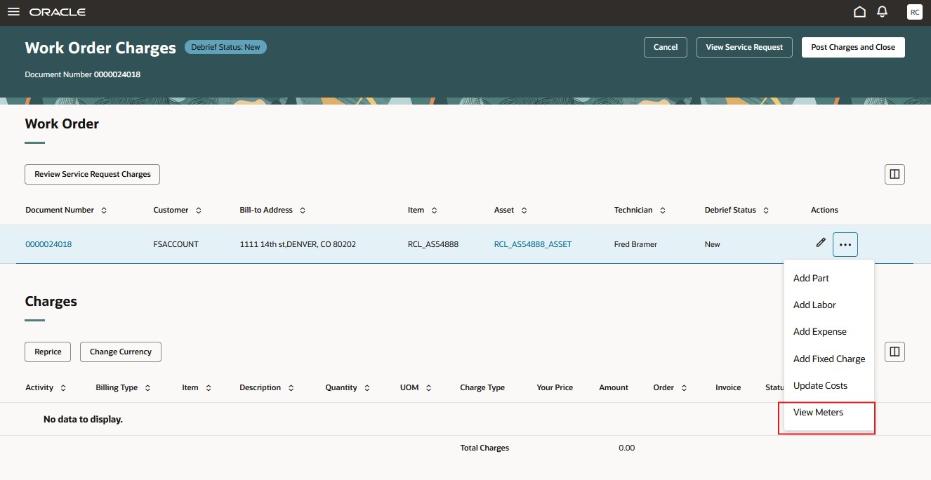 Work Order Charges View Meter Action