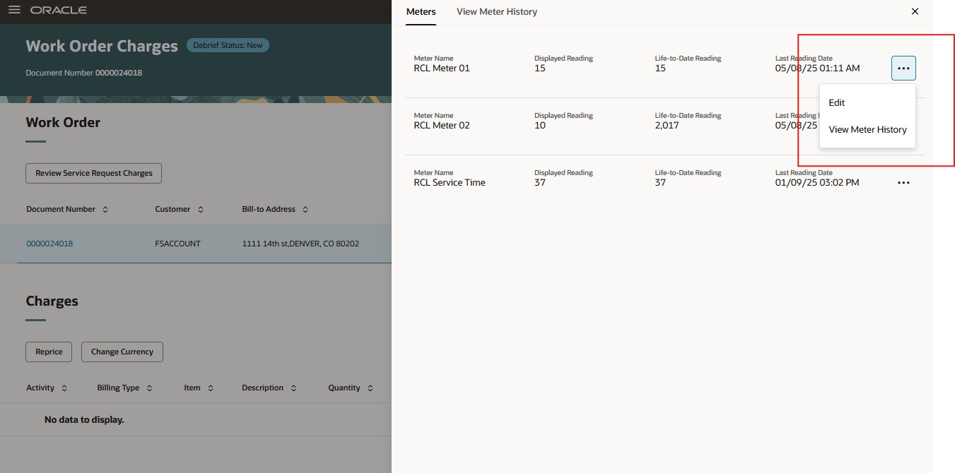 View Meters Actions Menu
