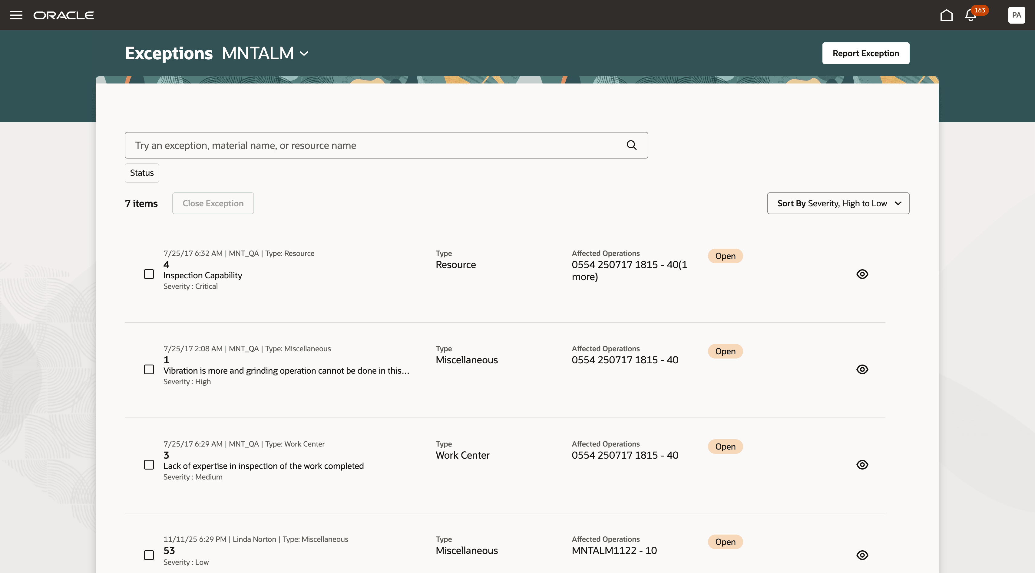 Maintenance Exceptions page 