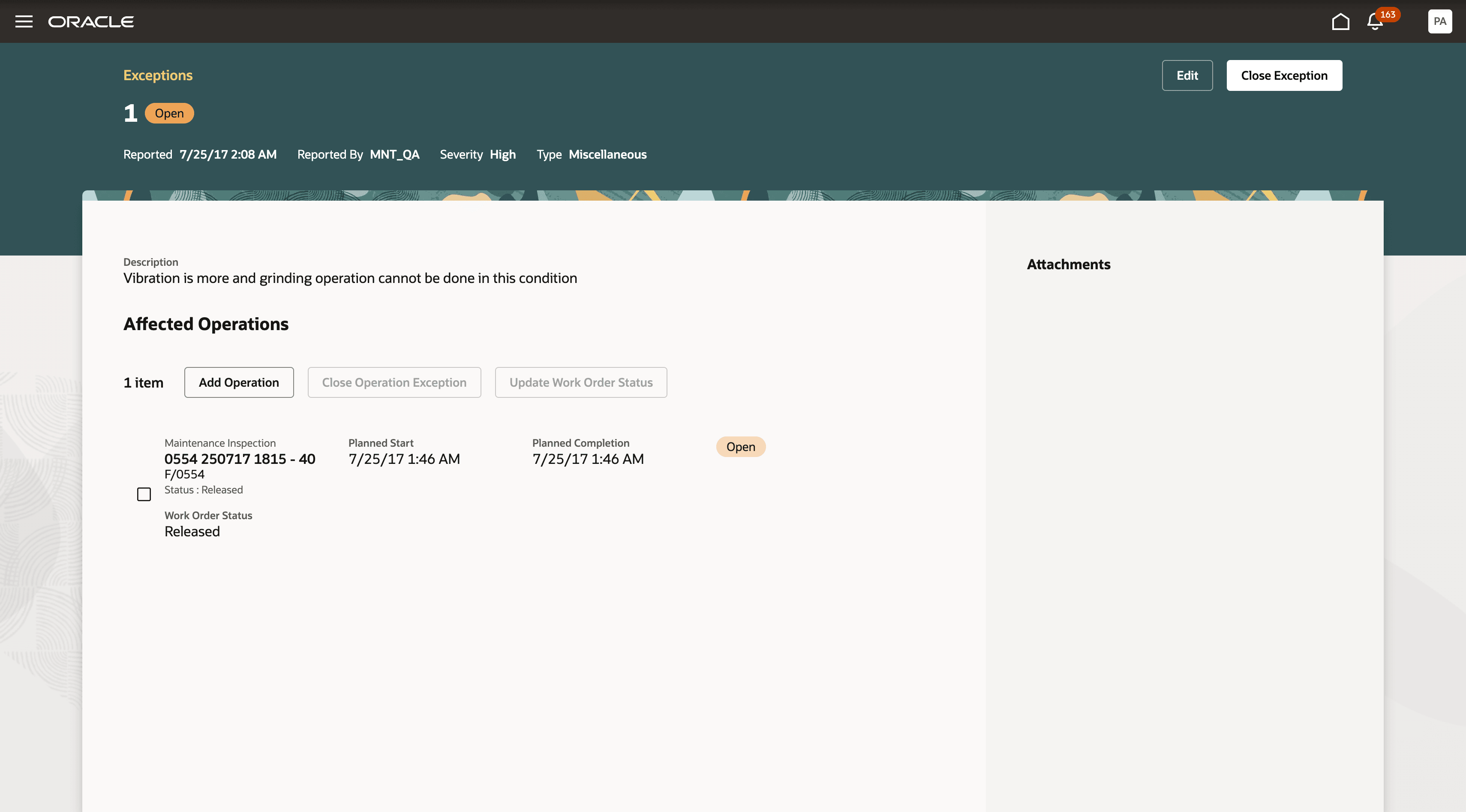Navigation to Exception Details page from Maintenance Work Order
