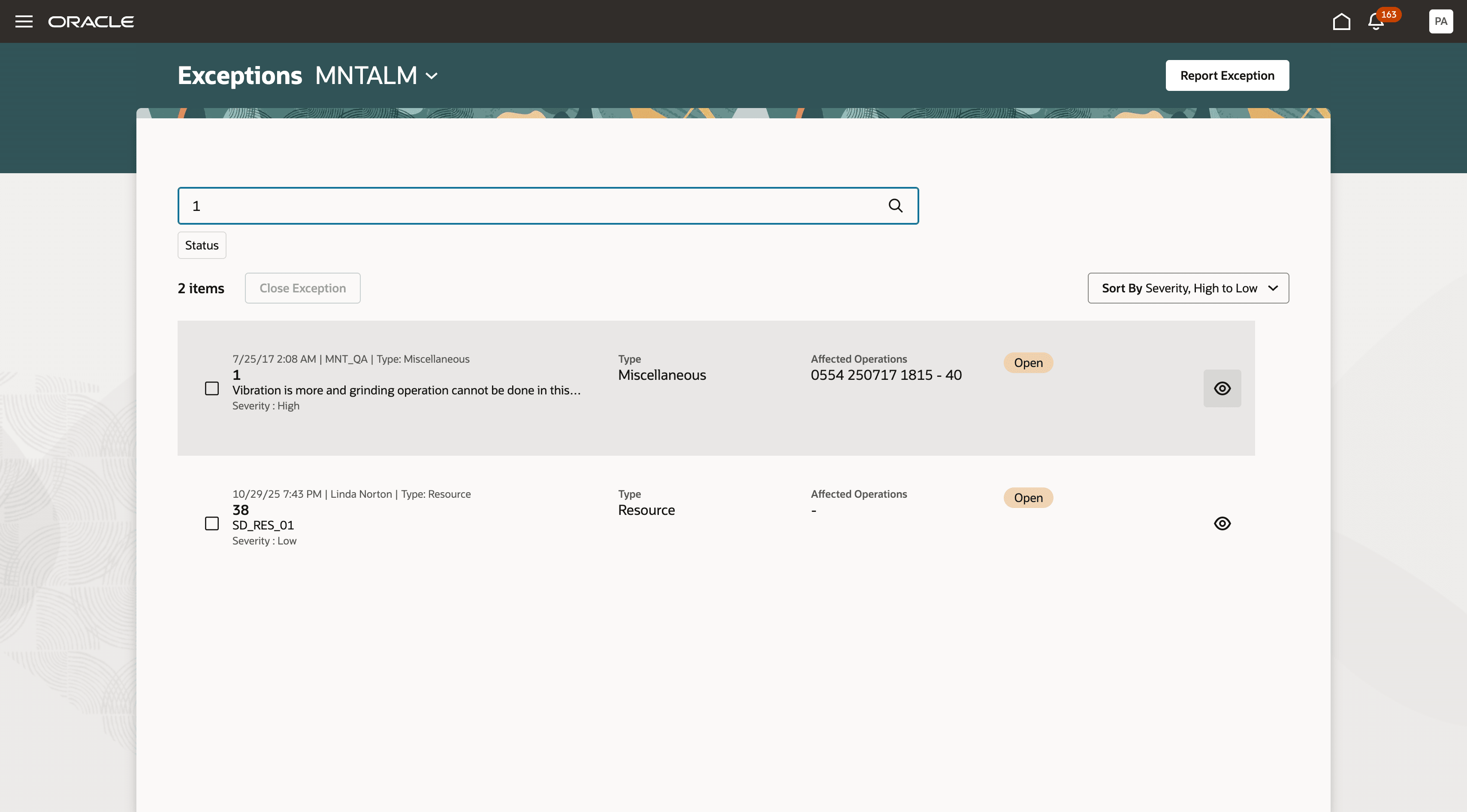 View Icon to review additional details in the Exception Details page 