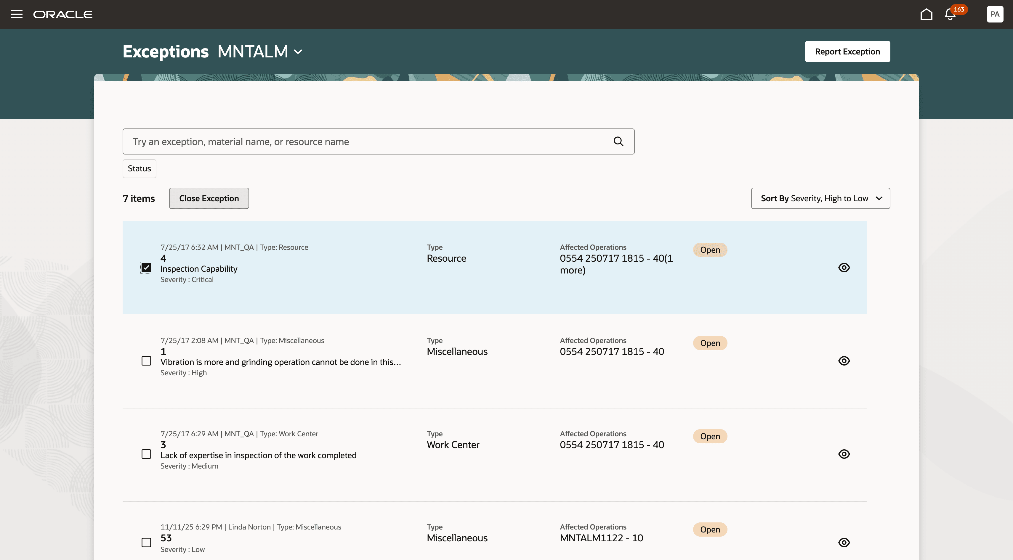 Exceptions page highlighting Close Exception button