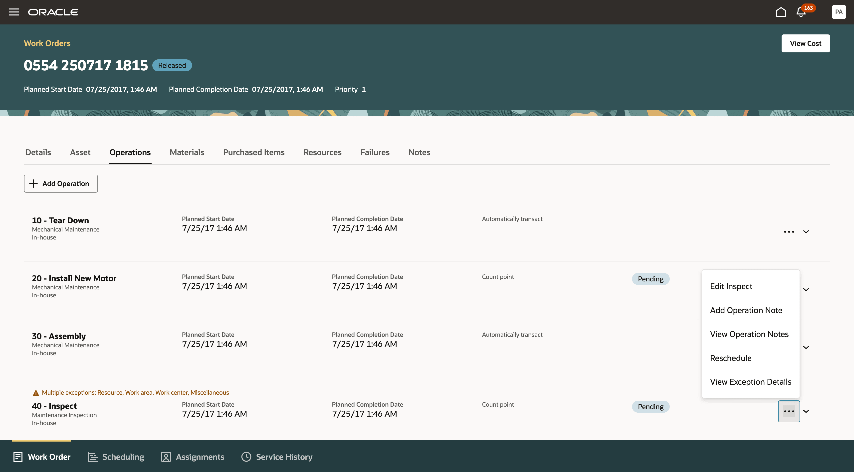 View Exception Details action in Maintenance Supervision