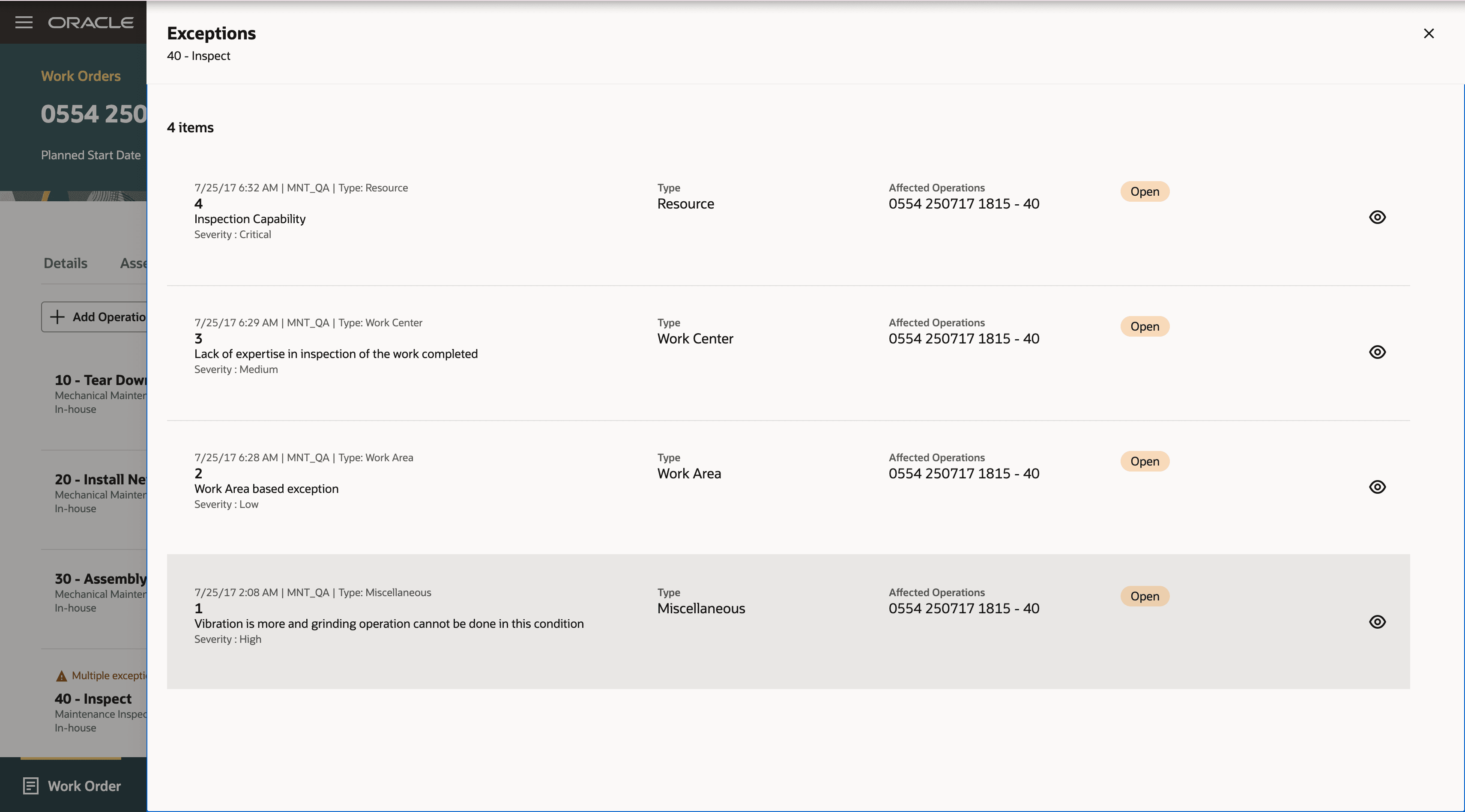 Drawer showing Exceptions