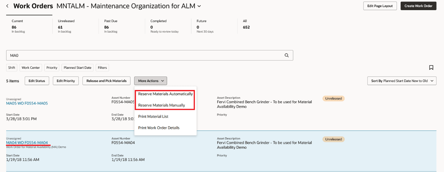 Maintenance Supervision Mass Actions to Reserve Materials