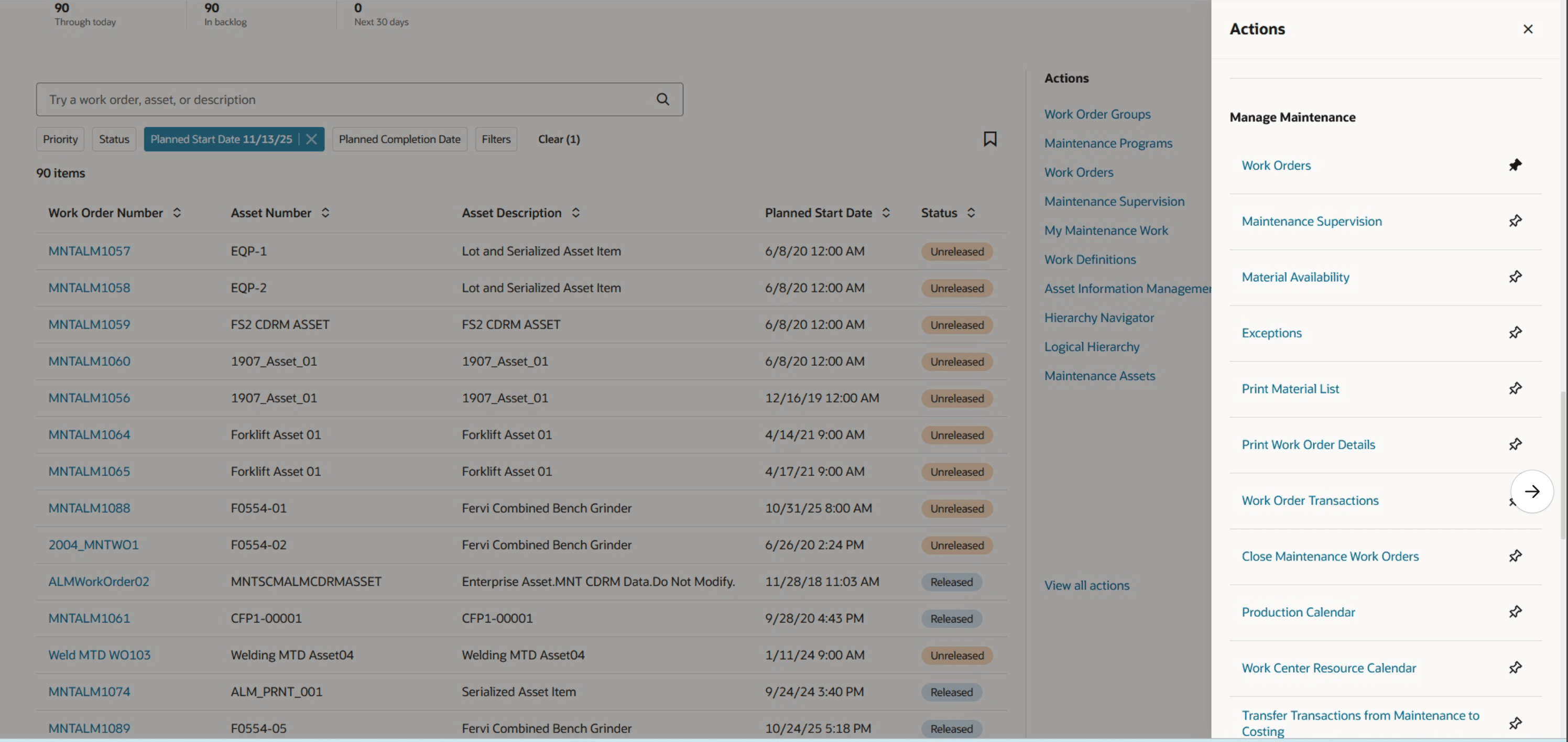 Quick Action link to navigate to Work Order Transactions