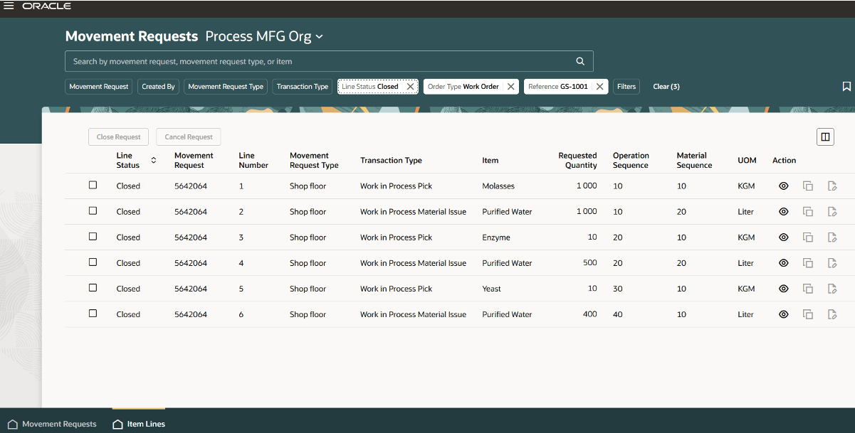 Movement Requests page for repeating ingredients (Purified Water)