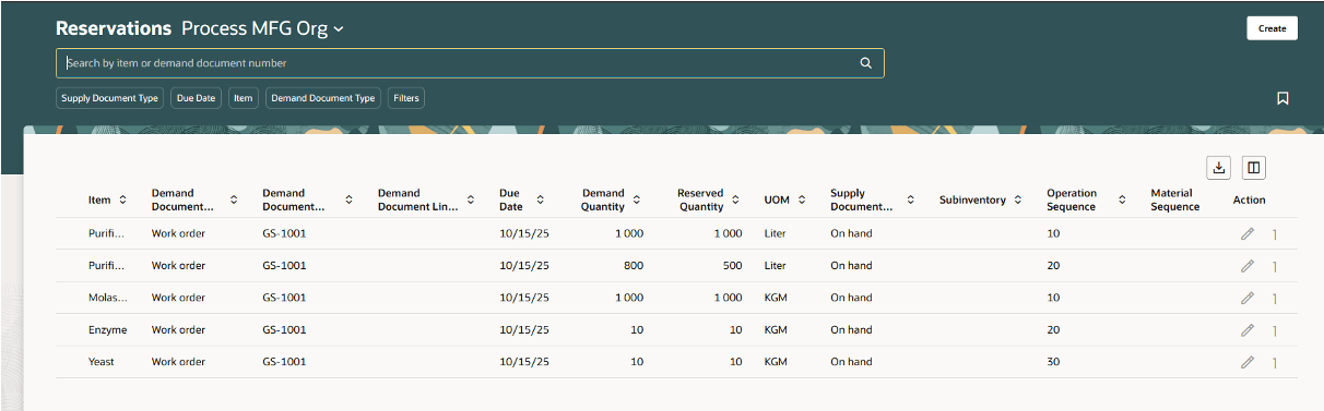 Reservations page displaying the Operation Sequence and Material Sequence information
