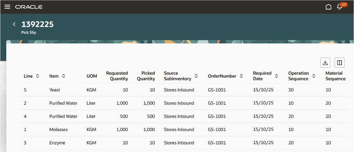 Pick Slip page displaying the Operation Sequence and Material Sequence information