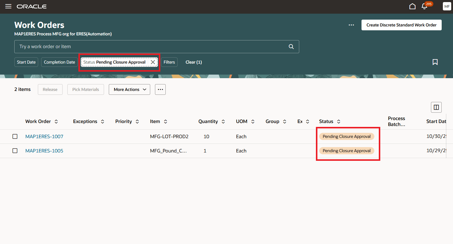 &nbsp; Work Orders Pending Closure Approval
