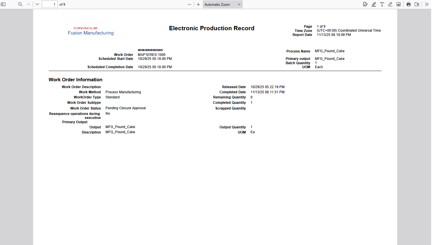 Electronic Production Record for Close