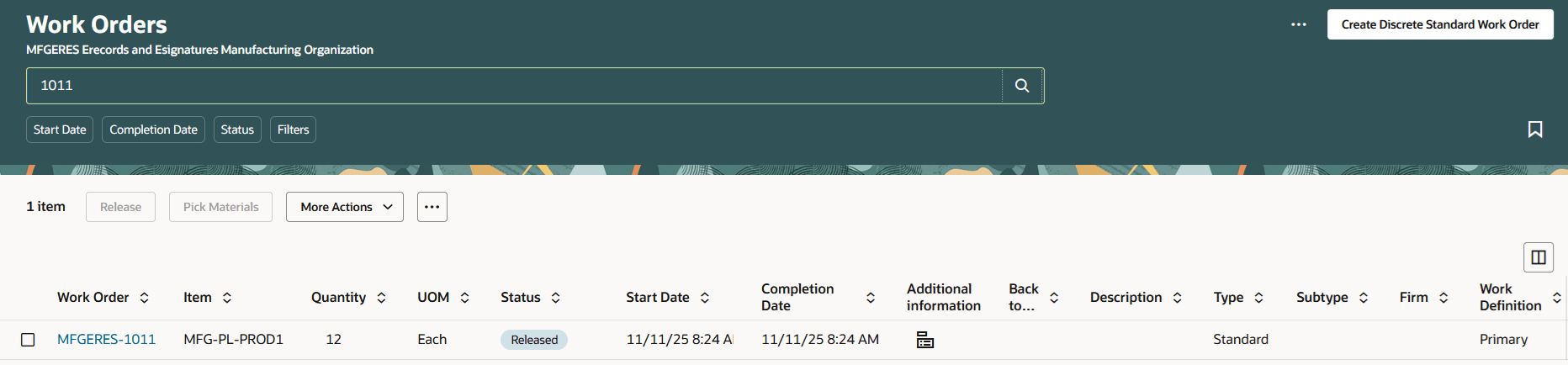 Work Order Approved - Released Status