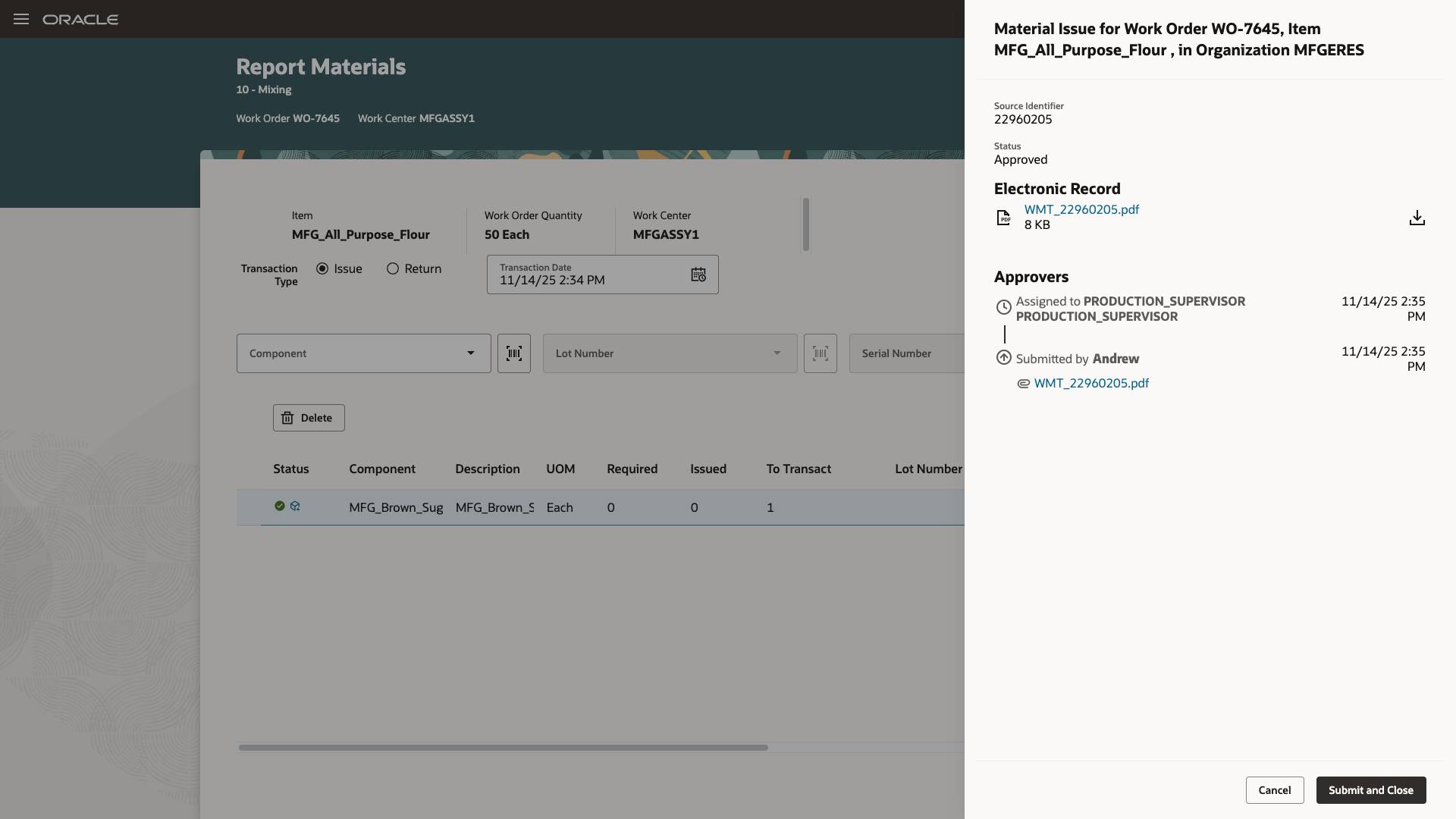 Operator Submits Material Transaction After Approval