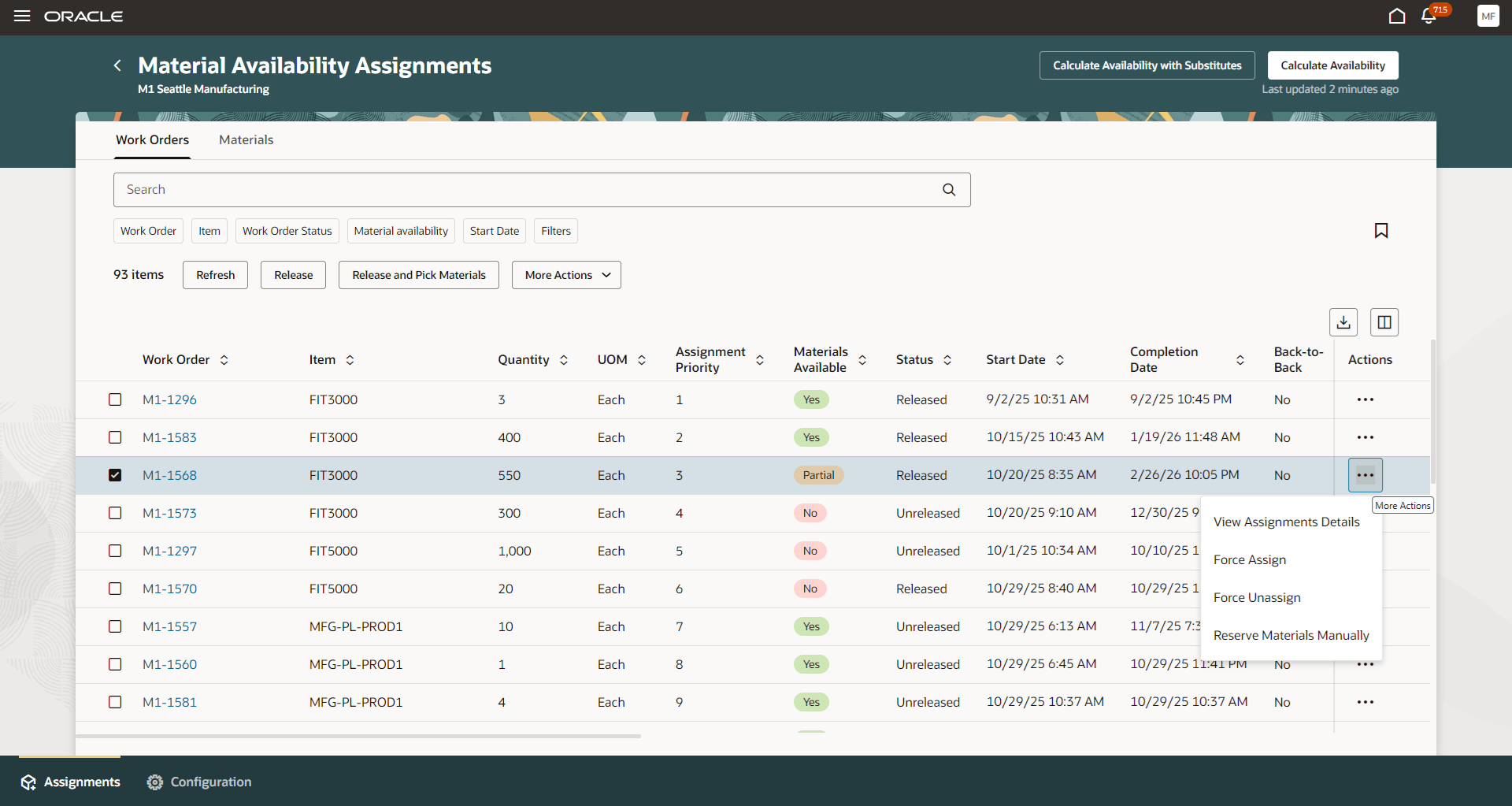 Material Availability Actions
