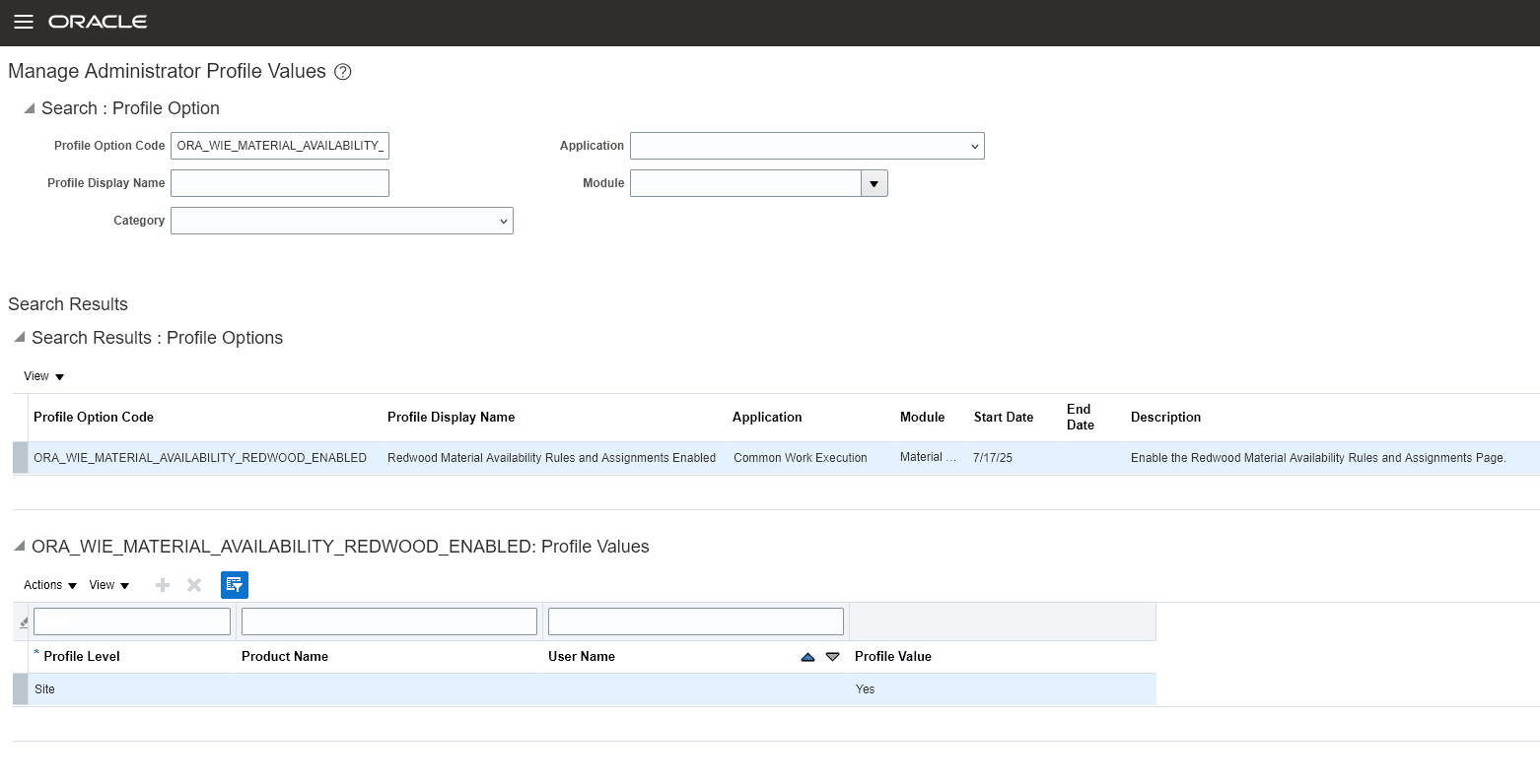 Redwood Material Availability Rules and Assignments Enabled Profile