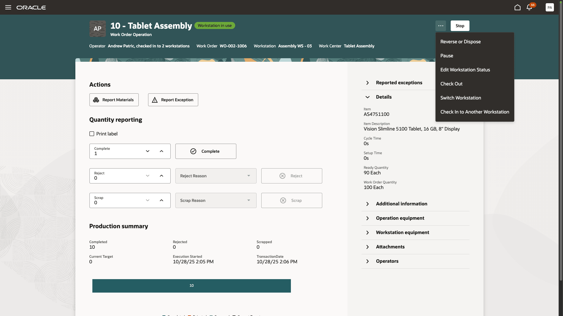 Switch between workstations during execution of work order operations