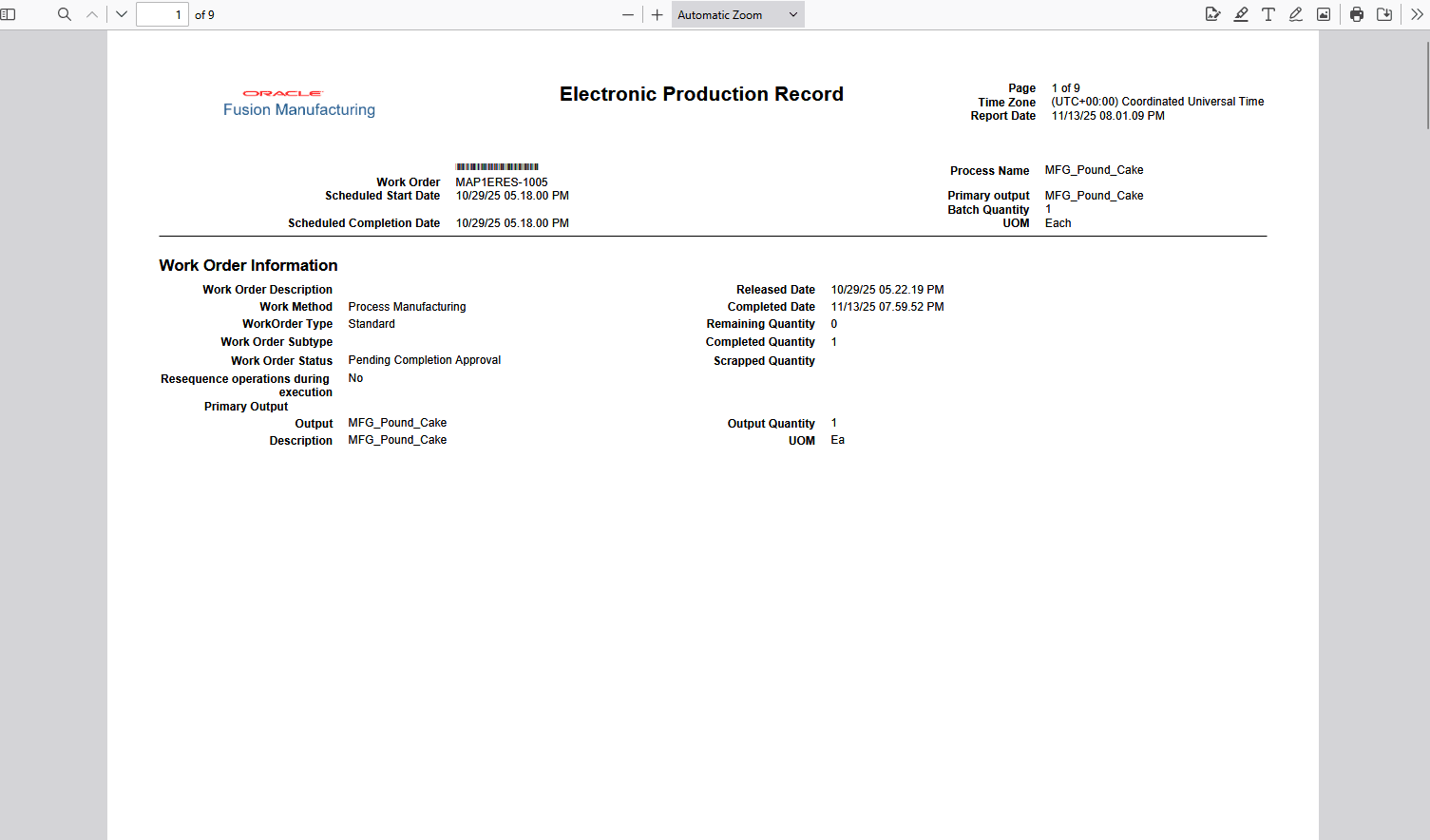 Electronic Production Record