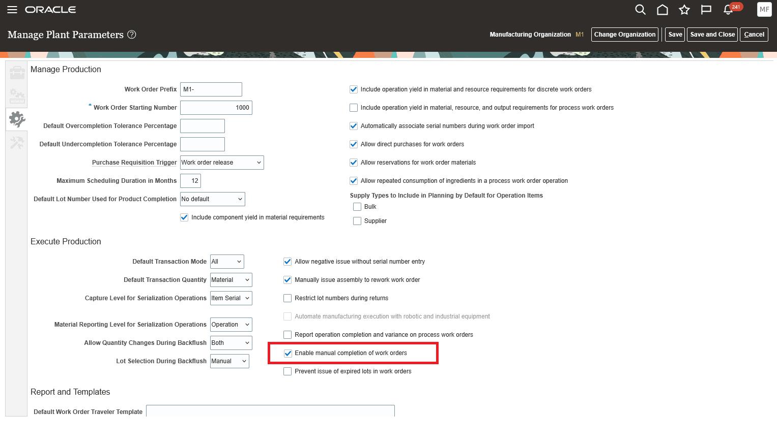 Enable Manual Completion of Work Orders in Plant Parameters 