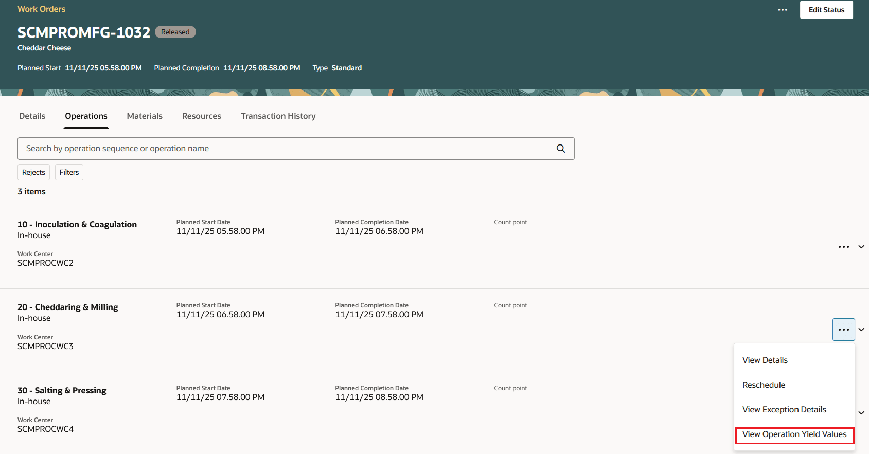 Process Work Order - Operation Yield Values action
