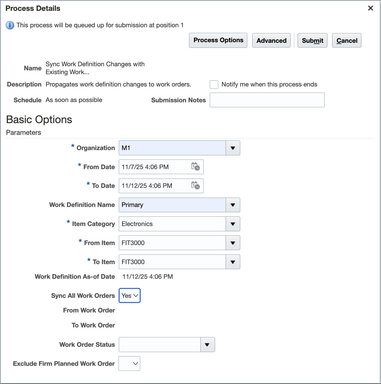 Parameters for running the Sync Work Definition Changes with Existing Work Orders Schedule Process