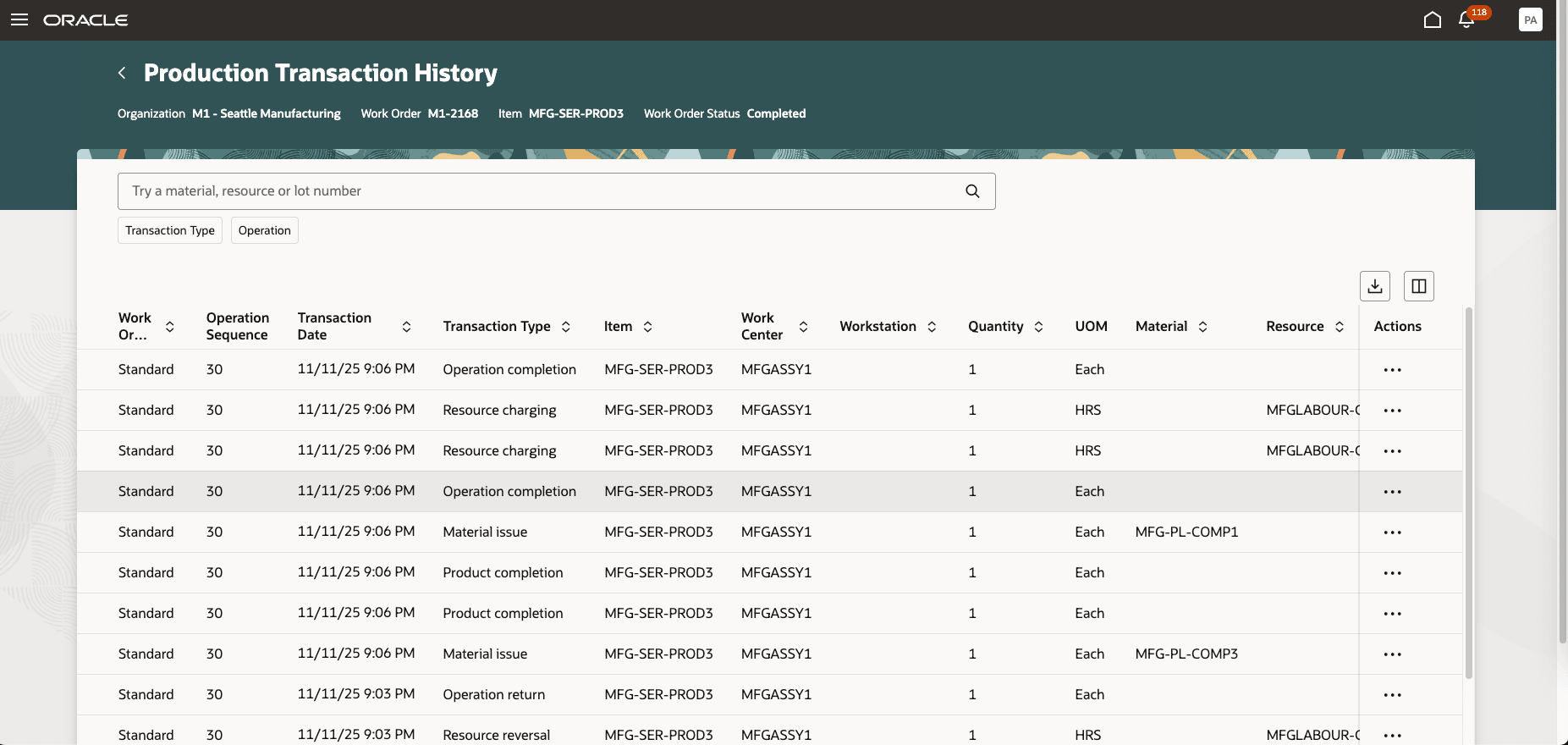 Work Order Production Transaction History