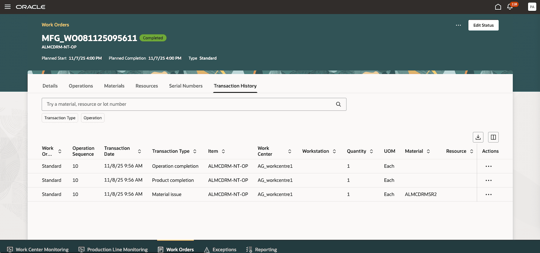 Production Supervision Work Order Production Transaction History