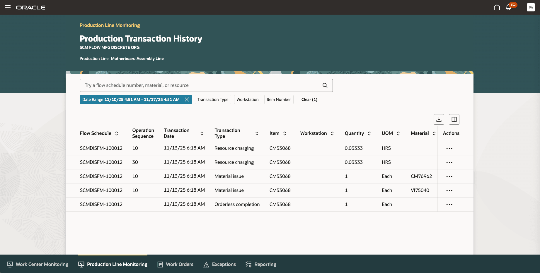 Production Line Transaction History page.