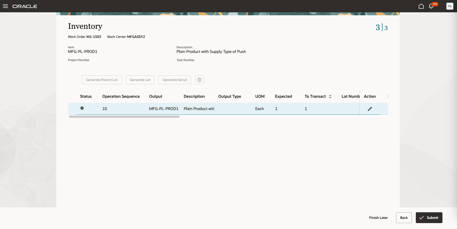 Production UI highlighting inventory completion of an issued product for a&nbsp;Rework work order.