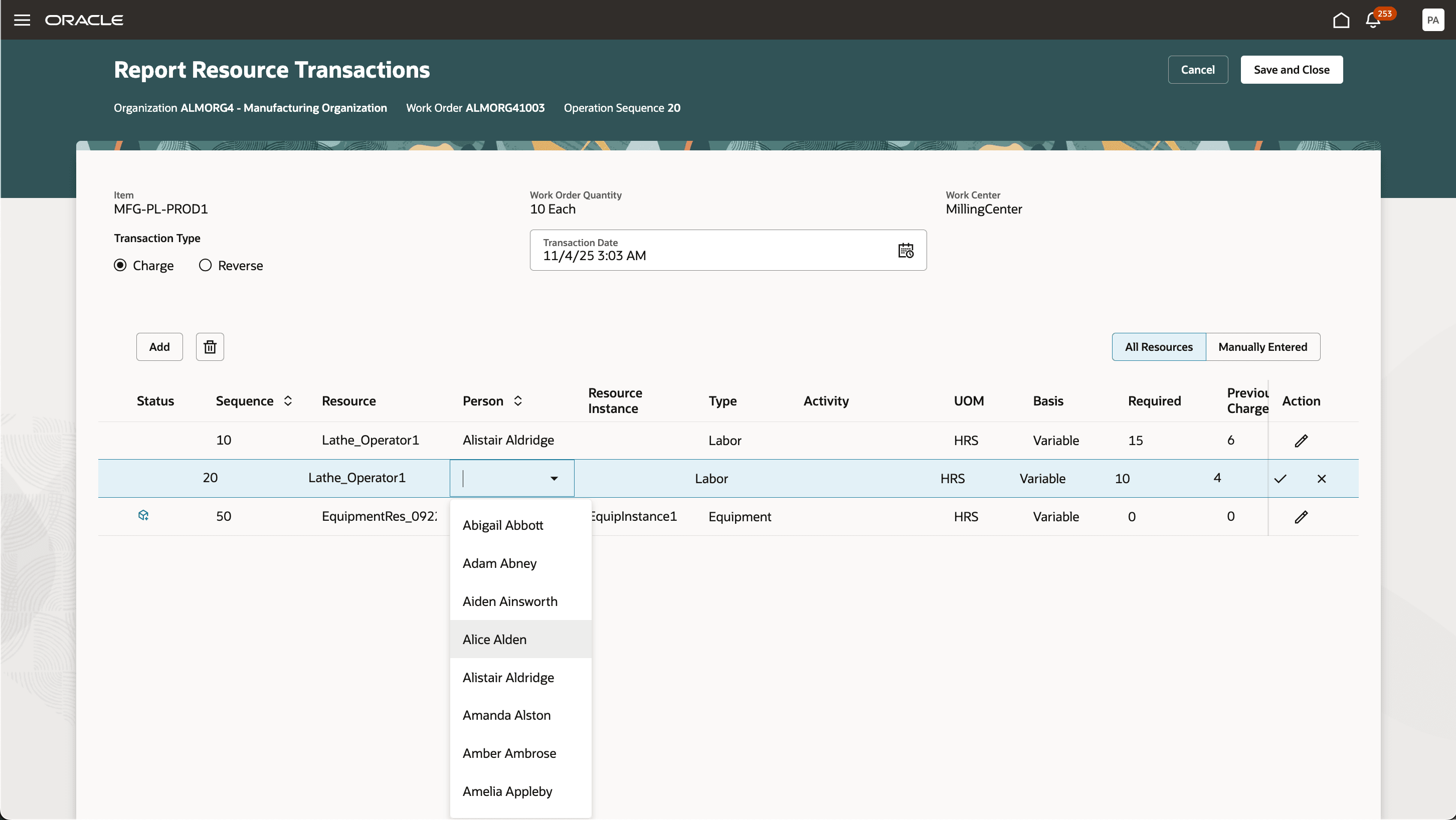 Use Persons while Reporting Resource Transactions