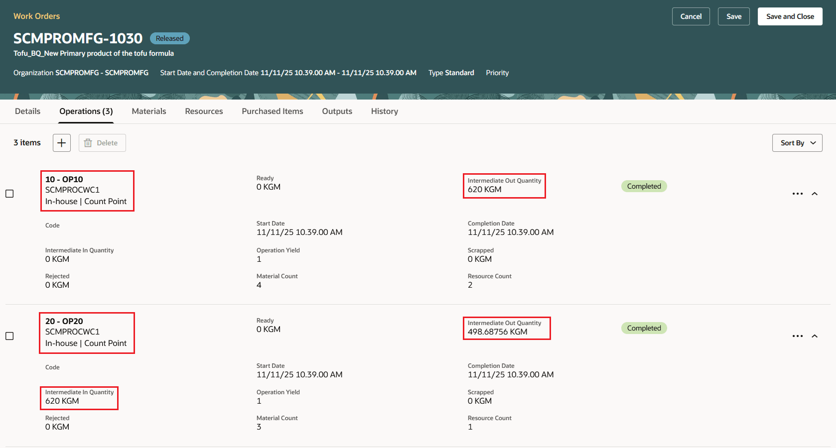 Manage Work Orders - Review Completed Operation Quantities