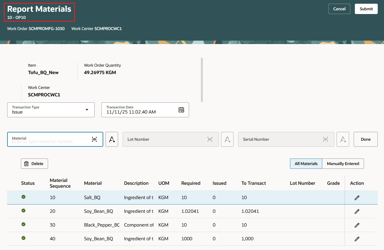 Production Execution - Report Materials