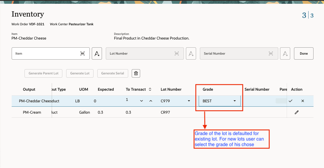 Figure 2: Screenshot of the product completion inventory page with item grade selection.