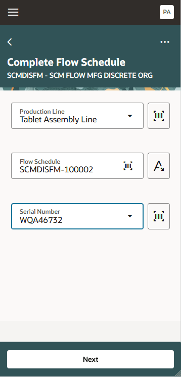 Select a Production Line to report Completion at End of Line