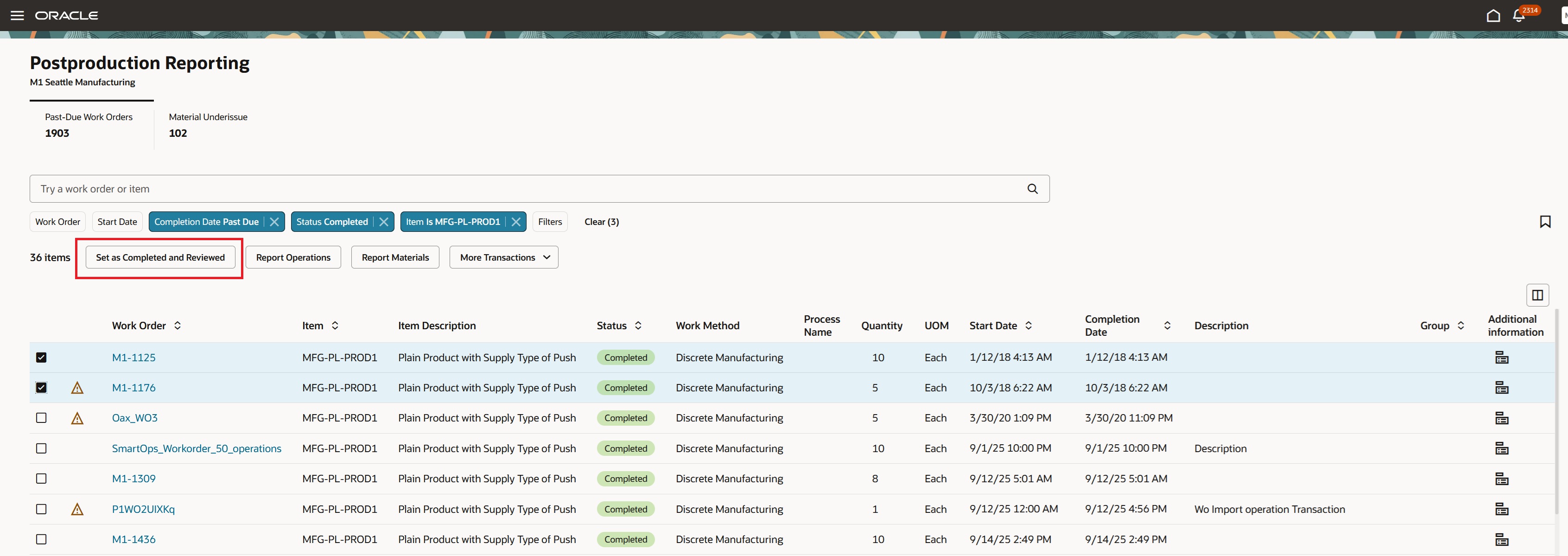 Production Supervisor reviews and marks a work order as Completed and Reviewed