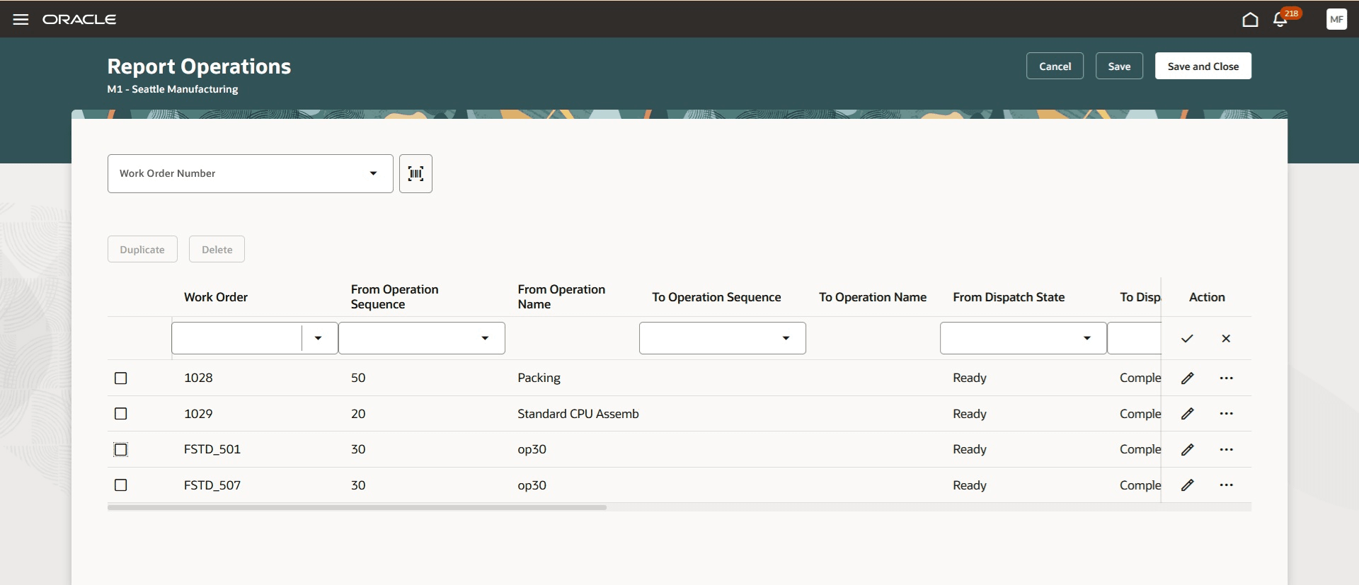 Post prdouction reporting of operation transaction for multipel wokr order operations