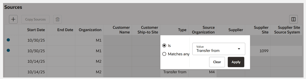 Column Filter for Type Column in Sources