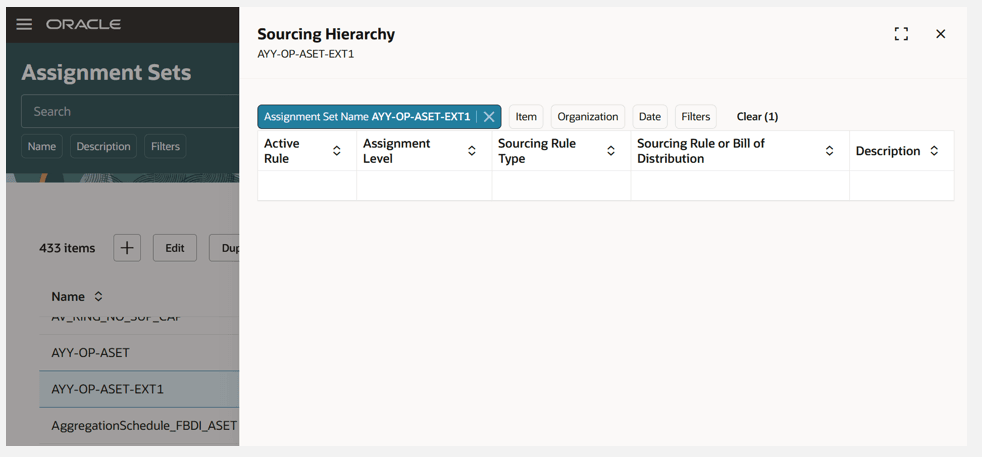 Sourcing Hierarchy Drawer Opens with Assignment Set