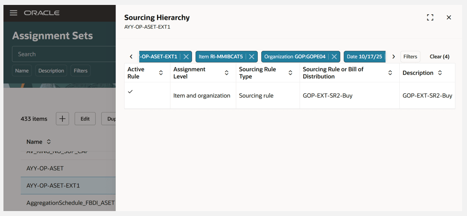 Sourcing Hierarchy Details Displayed for Item and Organization 