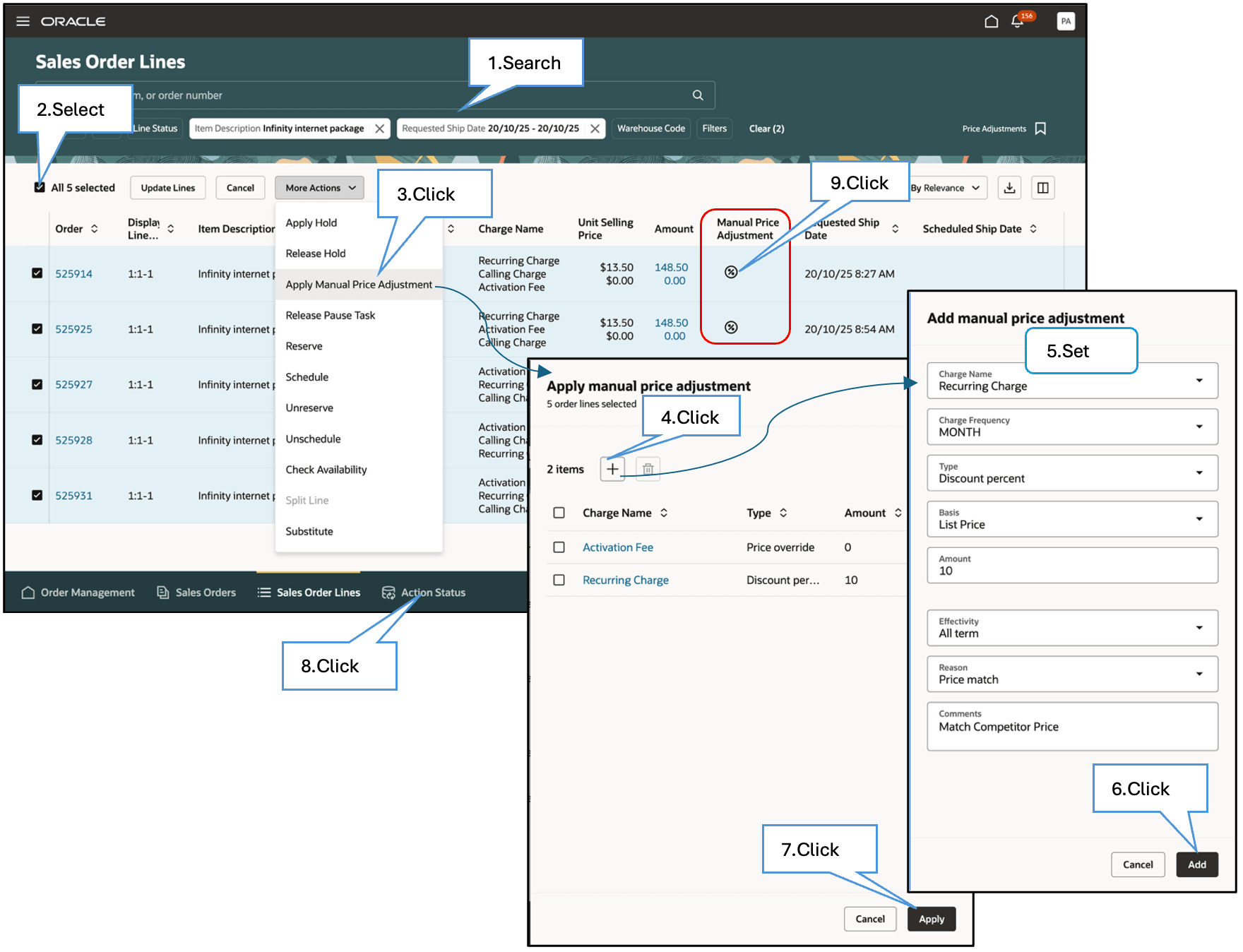 Apply Adjustments on Order Lines Across Sales Orders