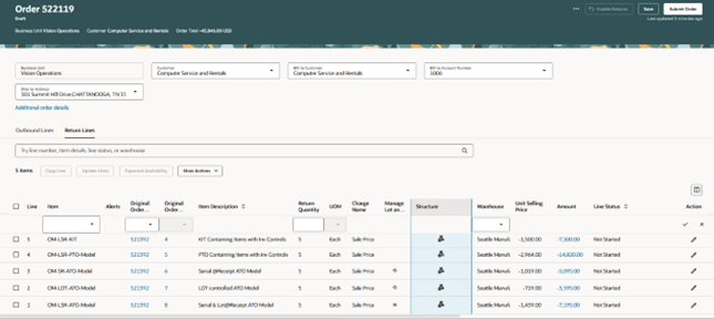 Return order with models and kits