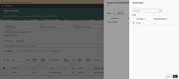 Select lots in Manage Lot and Serial Number drawer