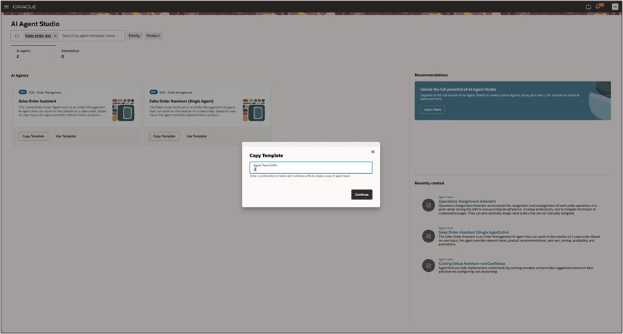 AI Agent Studio Showing Copy Dialog